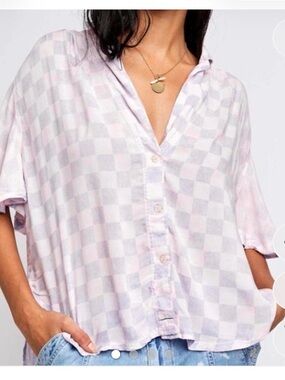 We The Free Lavender/Pink Checked Button-Front Short Sleeve Top, S